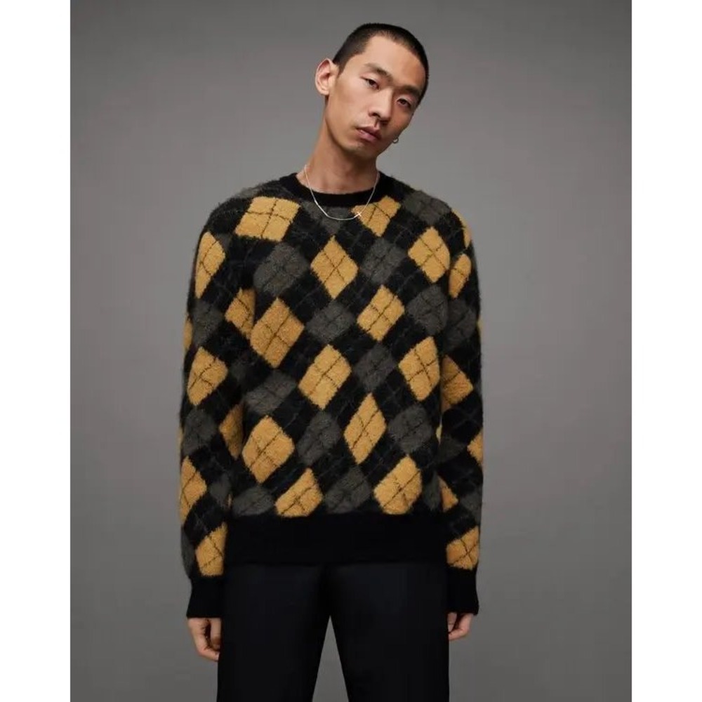 AllSaints Fitzroy Crew Argyle Alpaca Wool Blend Sweater Yellow Black Grey L